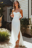 White Satin Ruffled Long Engagement Dress with Slit