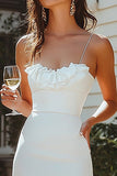 White Satin Ruffled Long Engagement Dress with Slit