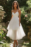 White Midi Tulle Pleated A Line Engagement Dress