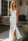 White Long Satin Mermaid Engagement Dress with Slit