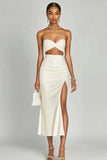 Ivory Satin Two Piece Long Engagement Dress with Slit