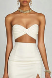 Ivory Satin Two Piece Long Engagement Dress with Slit