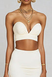 White Satin Two Piece Midi Engagement Dress with Slit