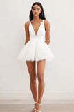 White Mini V-Neck Tulle A Line Graduation Dress