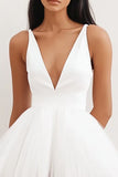 White Mini V-Neck Tulle A Line Graduation Dress