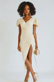 Champagne Satin Bodycon Midi Engagement Dress with Ruffles