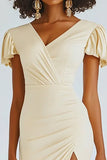 Champagne Satin Bodycon Midi Engagement Dress with Ruffles