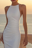 White Chiffon Round Neck Ruched Mermaid Boho Wedding Dress