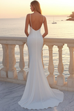 White Chiffon Round Neck Ruched Mermaid Boho Wedding Dress