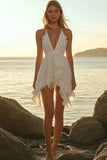 Ivory Chiffon Mini Halter A Line Boho Dress with Ruffles