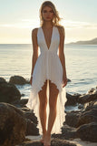 White Chiffon High-Low V Neck A Line Boho Dress with Pleats