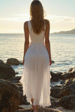 White Chiffon High-Low V Neck A Line Boho Dress with Pleats