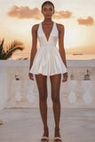 White Mini V-Neck Satin A Line Graduation Dress