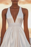 White Mini V-Neck Satin A Line Graduation Dress