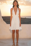 Ivory Satin Mini V-Neck A Line Graduation Dress