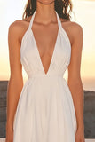 Ivory Satin Mini V-Neck A Line Graduation Dress