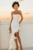 Ivory Satin Strapless Bodycon Asymmetrical Graduation Dress