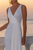 White Chiffon Sheath V-Neck Boho Wedding Dress with Pleats