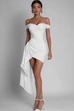 White Satin Bodycon Off the Shoulder Mini Graduation Dress