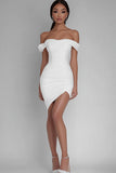 White Off the Shoulder Satin Ruched Mini Bodycon Graduation Dress