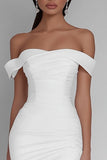 White Off the Shoulder Satin Ruched Mini Bodycon Graduation Dress
