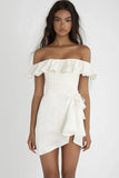 Ivory Off the Shoulder Bodycon Mini Graduation Dress with Ruffles
