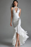 White High Neck Satin High-Low Mermaid Engagement Dress