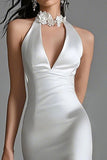 White High Neck Satin High-Low Mermaid Engagement Dress