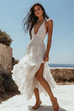 White Black Dots A Line V-Neck Boho Maxi Dress with Ruffles