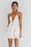 White V-Neck Chiffon A Line Mini Graduation Dress with Ruffles