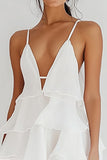 White V-Neck Chiffon A Line Mini Graduation Dress with Ruffles