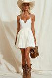 Ivory Spaghetti Straps A Line Mini Graduation Dress with Pleats