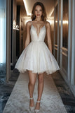 Sparkly Ivory Sequins V-Neck A Line Mini Graduation Dress