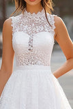 White Lace High Neck A Line Mini Graduation Dress