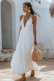 White V-Neck Maxi A Line Chiffon Engagement Dress with Pleats