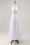 White V-Neck Maxi A Line Chiffon Engagement Dress with Pleats