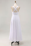 White V-Neck Maxi A Line Chiffon Engagement Dress with Pleats