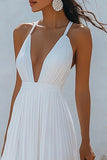 White V-Neck Maxi A Line Chiffon Engagement Dress with Pleats
