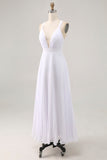 White V-Neck Maxi A Line Chiffon Pleated Engagement Dress