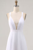 White V-Neck Maxi A Line Chiffon Engagement Dress with Pleats