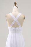 White V-Neck Maxi A Line Chiffon Engagement Dress with Pleats