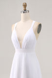 White V-Neck Maxi A Line Chiffon Pleated Engagement Dress