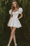 White A Line Sweetheart Mini Graduation Dress with Puff Sleeves