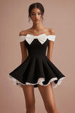 Black and White A Line Satin Mini Graduation Dress with Bow