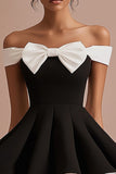 Black and White A Line Satin Mini Graduation Dress with Bow