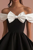 Black and White Mini Satin A Line Graduation Dress with Bow