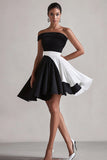 Black and White One Shoulder Short Satin A Line Cocktail Dress