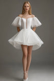 White Organza Off the Shoulder Mini A Line Graduation Dress with Lace