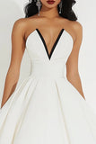 White Midi V Neck A Line Graduation Dress