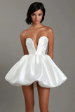 White V Neck A Line Satin Mini Graduation Dress